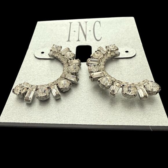 INC for Macy’s Silver-Tone Round and Baguette-Crystal Curve Drop Earrings - Picture 2 of 4